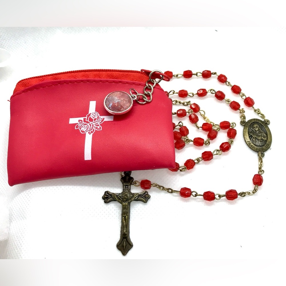 Red and antique gold color rosary bead style Cross piece necklace in a bag